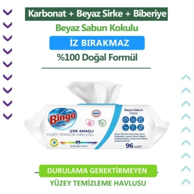 خرید و قیمت دستمال مرطوب سطوح چند منظوره بینگو رایحه صابون سفید Bingo PRATIK Beyaz Sabun بسته 100 عددی