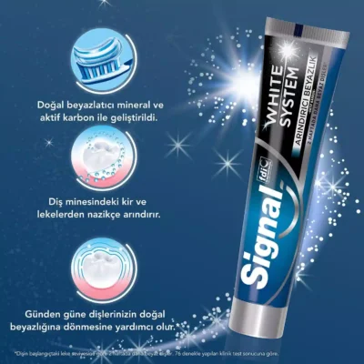 خرید و قیمت خمیر دندان سفید کننده وایت سیستم سیگنال مدل سفیدی پاک کننده Signal WHITE SYSTEM ARINDIRICI BEYAZLIK حجم 75 میلی لیتر