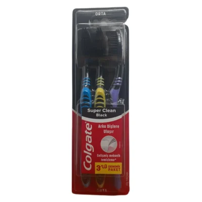 خرید و قیمت مسواک کلگیت زغالی۳ قلو فرچه مدیوم مدل سوپر بلک کلین Colgate Super Black Clean