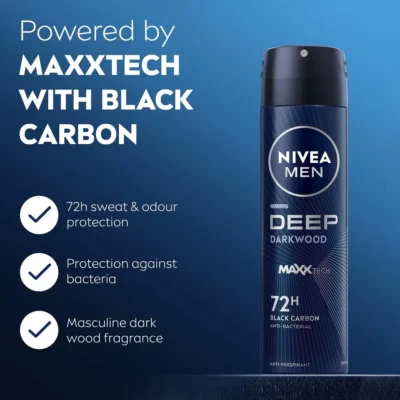 خرید و قیمت اسپری ضد تعریق 72 ساعته مردانه نیوآ رایحه جنگل سیاه و عمیق NIVEA deep darkwood حجم 200 میلی لیتر