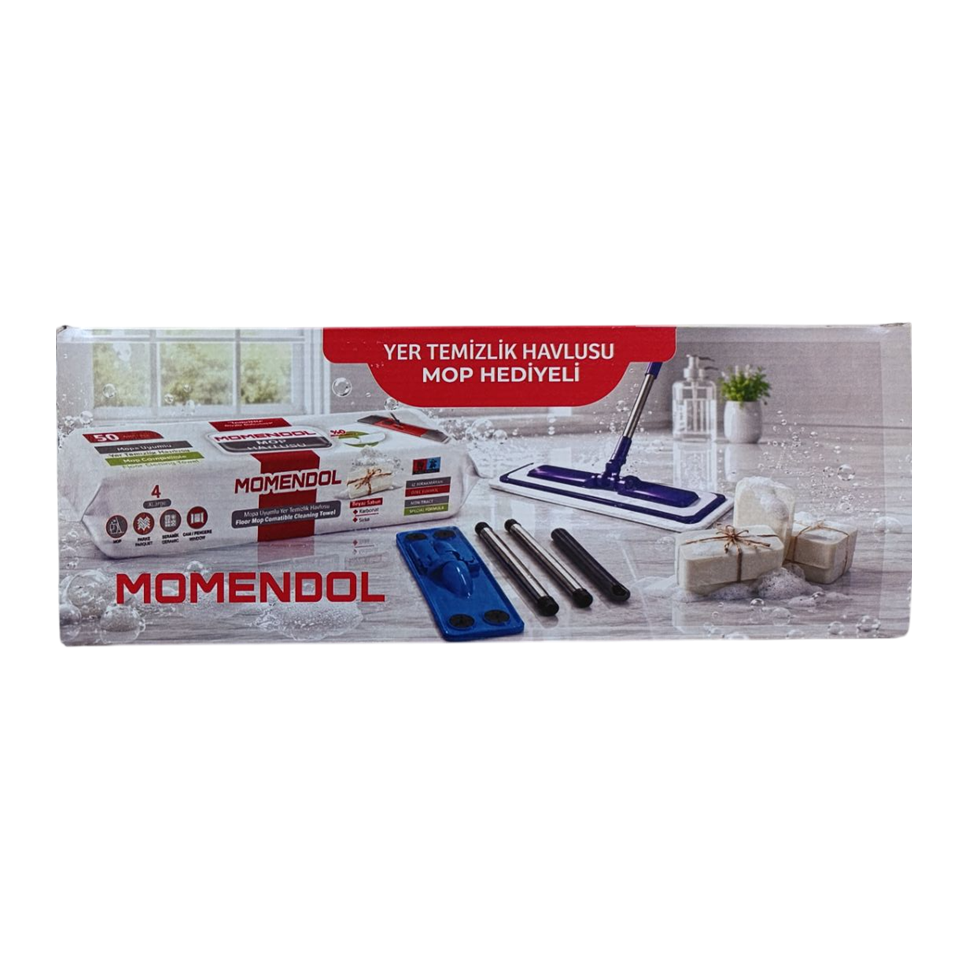 خرید و قیمت ست طی دسته‌دار و دستمال مرطوب طی مومندول رایحه صابون سفید MOMENDOL YER TEMİZLİK HAVLUSU